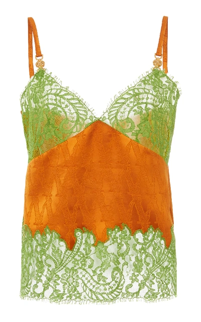 Shop Versace Lace-paneled Silk Top In Orange