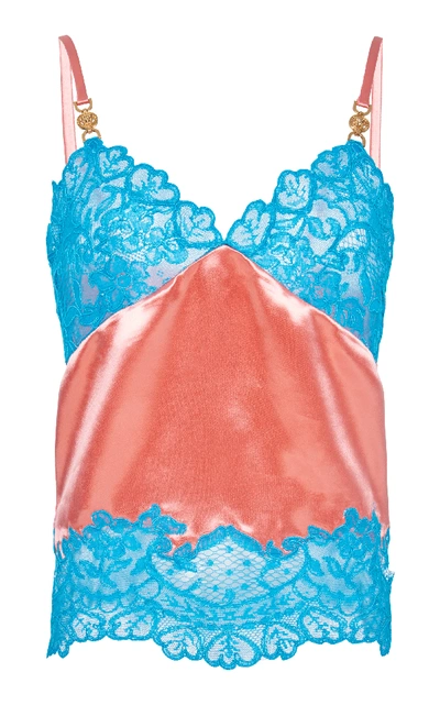 Shop Versace Lace-paneled Silk Top In Pink
