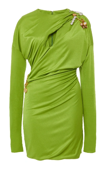 Shop Versace Draped Embellished Satin Mini Dress In Green