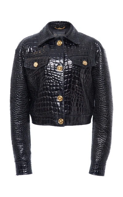 Shop Versace Cropped Croc-effect Leather Jacket In Black