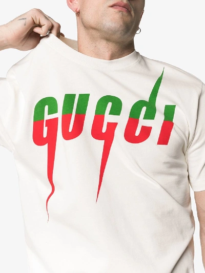 Shop Gucci White Blade Logo Cotton T-shirt