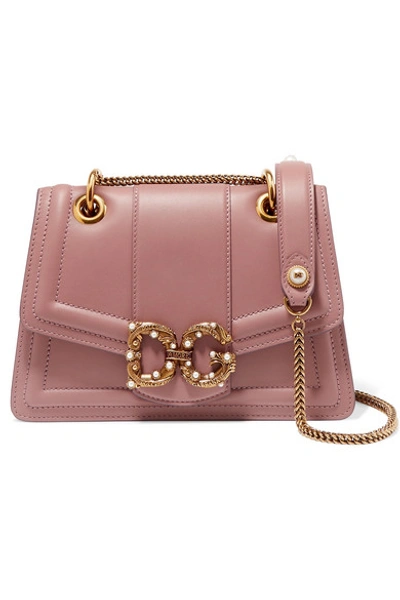 Shop Dolce & Gabbana Amore Small Embellished Leather Shoulder Bag In Blush