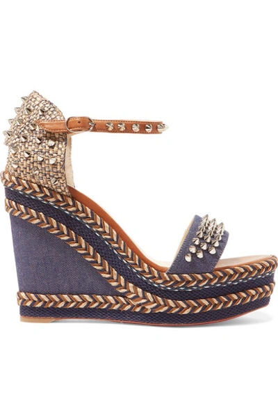 Shop Christian Louboutin Madmonica 110 Spiked Denim And Leather Espadrille Wedge Sandals In Mid Denim