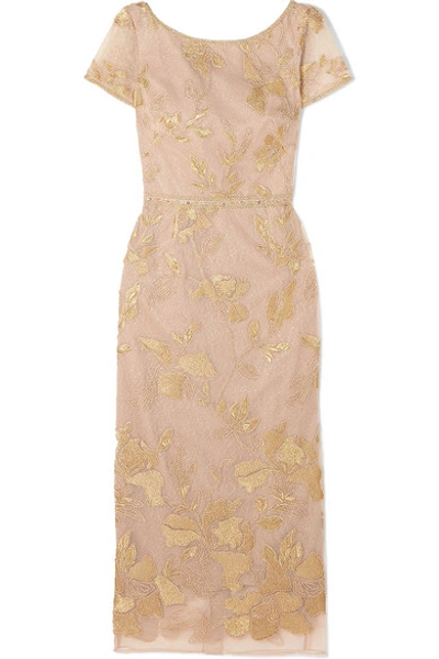 Shop Marchesa Notte Embellished Embroidered Tulle Midi Dress In Gold