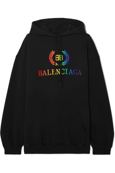 Shop Balenciaga Laurier Oversized Embroidered Cotton-jersey Hoodie In Black