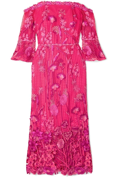 Shop Marchesa Notte Off-the-shoulder Guipure Lace Dress In Fuchsia