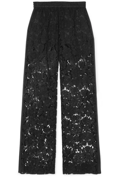 Shop Valentino Satin-trimmed Corded Lace Wide-leg Pants In Black