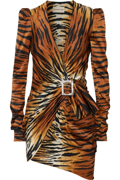 Shop Alexandre Vauthier Embellished Draped Tiger-print Silk-satin Mini Dress