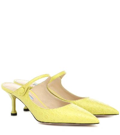 Shop Prada Croc-embossed Leather Mules In Yellow