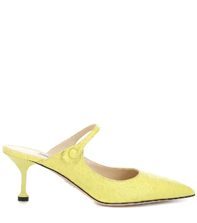 Shop Prada Croc-embossed Leather Mules In Yellow