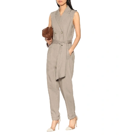 Shop Brunello Cucinelli Sleeveless Cotton Jumpsuit In Beige