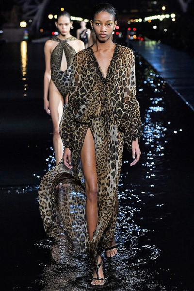 Shop Saint Laurent Leopard Silk Maxi Dress In Brown