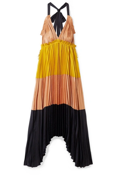 Shop Ulla Johnson Gisella Pleated Color-block Satin Maxi Dress In Yellow