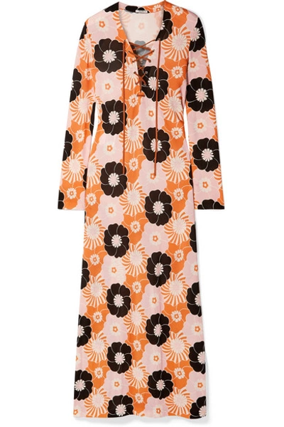 Shop Miu Miu Suede-trimmed Floral-print Stretch-jersey Maxi Dress In Orange