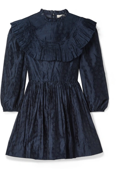 Shop Ulla Johnson Whitley Pleated Printed Cotton And Silk-blend Organza Mini Dress In Midnight Blue