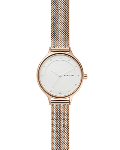 Shop Skagen Anita Two-tone Ripple Mesh Bracelet Watch, 30mm In White/rose Gold