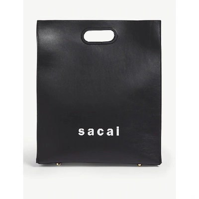 Shop Sacai Logo Medium Leather Tote In Black