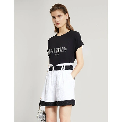 Shop Balmain Contrast-trim Tweed Shorts In Blanc/noir