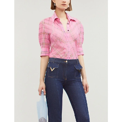 Shop Victoria Victoria Beckham Checked Cotton And Silk-blend Shirt In Hot Pink