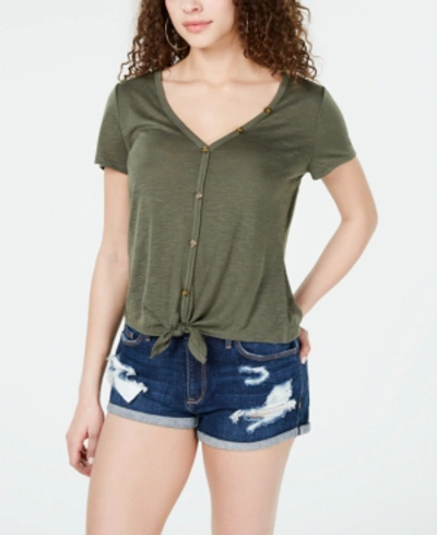 Shop Almost Famous Crave Fame Juniors' Knot-front Button-trimmed Top In Four Leaf Clover