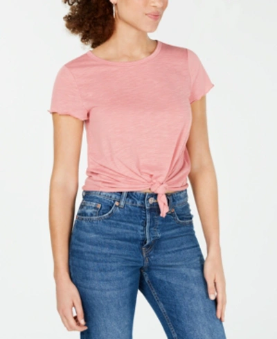 Shop Almost Famous Crave Fame Juniors' Tie-front Textured T-shirt In Rose Tan