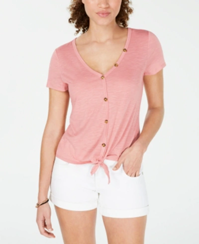 Shop Almost Famous Crave Fame Juniors' Knot-front Button-trimmed Top In Rose Tan