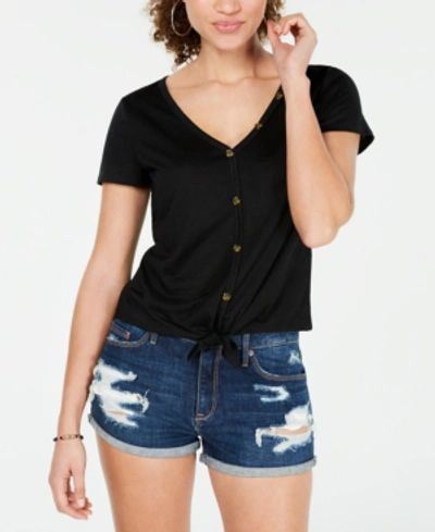 Shop Almost Famous Crave Fame Juniors' Knot-front Button-trimmed Top In Black