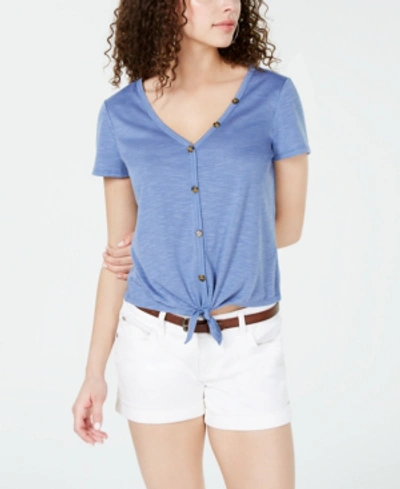 Shop Almost Famous Crave Fame Juniors' Knot-front Button-trimmed Top In Scandia Blue