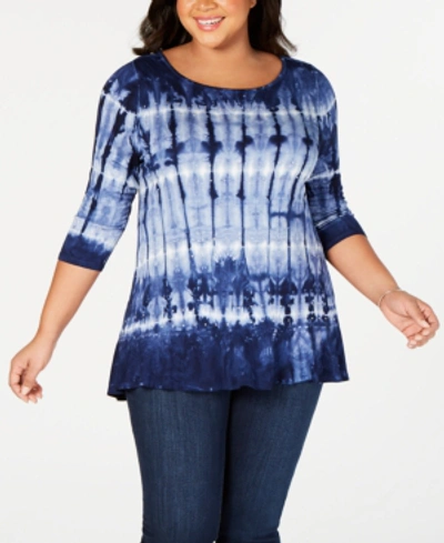 Shop Belldini Black Label Plus Size Tie-dyed Embellished Ruffle Top In Navy