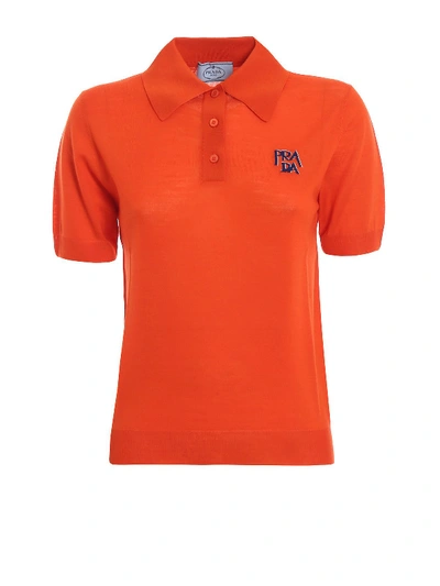 Shop Prada Embroidered Polo Shirt In Arancio