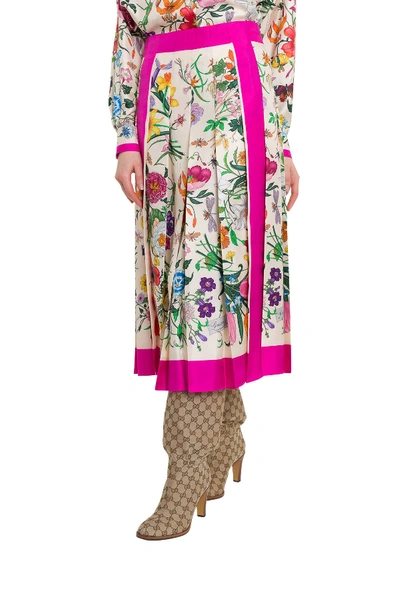 Shop Gucci Silk Skirt With Flora Print In Multi