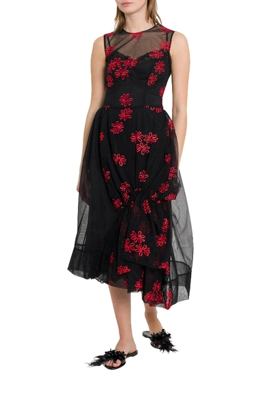 Shop Simone Rocha Floral-embroidered Tulle Dress In Black