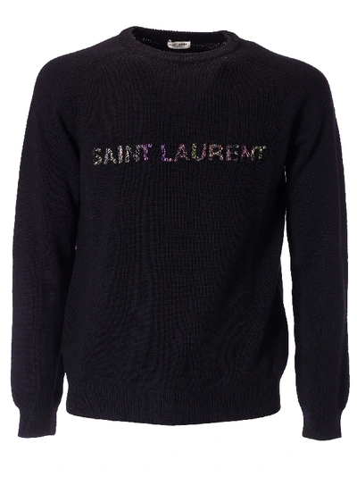 Shop Saint Laurent Beaded Logo Embroidery Sweater In Noir