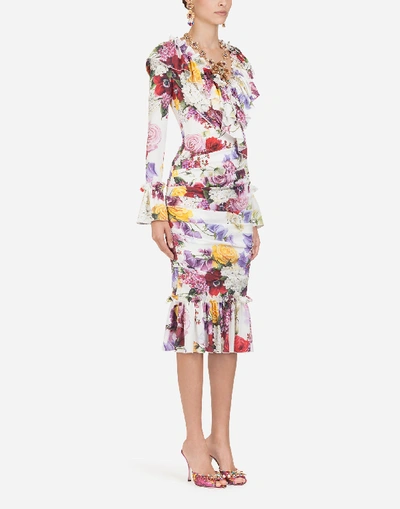 Shop Dolce & Gabbana Printed Charmeuse Midi Dress With Ruches In Floral Print