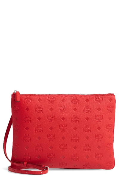 Shop Mcm Klara Monogram Calfskin Leather Crossbody Pouch - Red In Viva Red