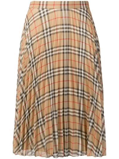 Shop Burberry Check Pleated Skirt - Neutrals
