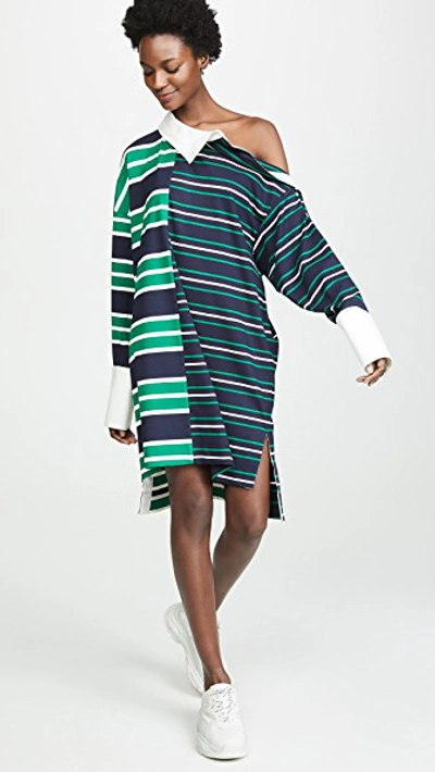 Shop Monse Striped Rugby Dress In Navy/green/ivory