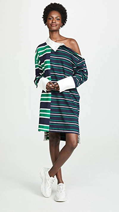 Shop Monse Striped Rugby Dress In Navy/green/ivory