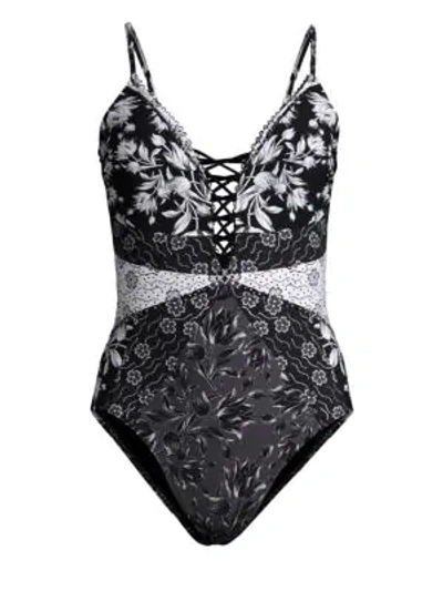 Shop Gottex Swim Camellia One-piece Lace-up Swimsuit In Black White