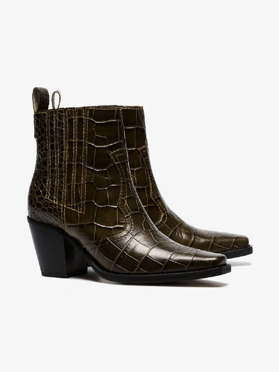 Shop Ganni Brown Callie 70 Crocodile-effect Leather Ankle Boots