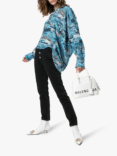 Shop Balenciaga Text-print Tie Neck Silk Shirt In Blue