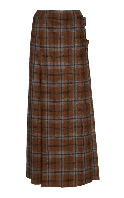 Shop Agnona Pleated Wool-blend Plaid Skirt