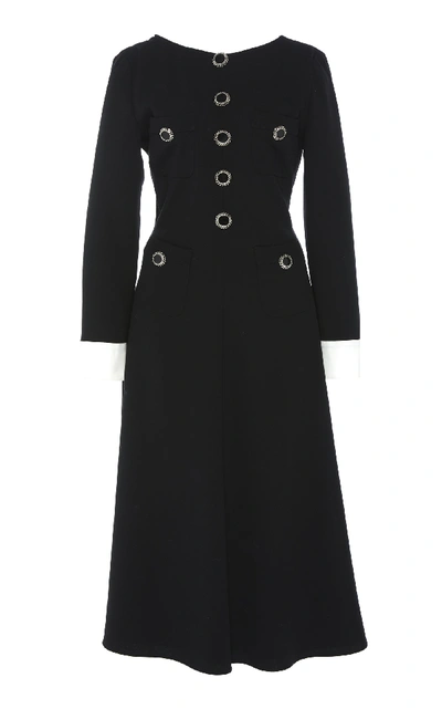 Shop Alessandra Rich Wool-blend Long Sleeve Crepe Open-back Dress In Black