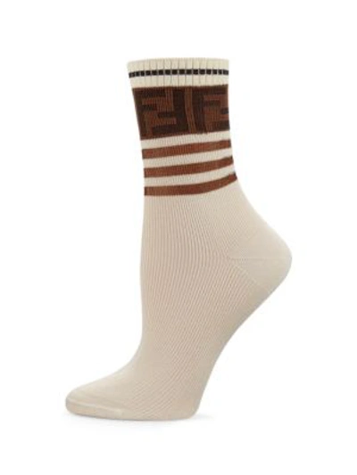 Shop Fendi Women's Logo Stripe Ankle Socks In Ice
