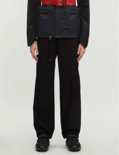 Shop Burberry Text-embroidered Regular-fit Cotton Trousers In Black