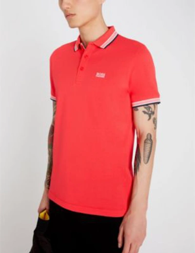 Shop Hugo Boss Logo-embroidered Slim-fit Cotton-piqué Polo Shirt In Open Red