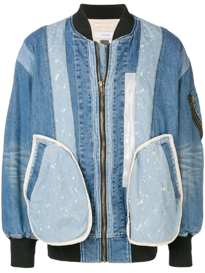 Shop Facetasm Denim Patchwork Bomber Jacket - Blue