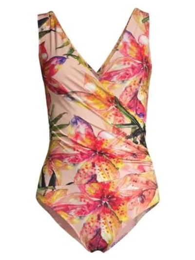 Shop Chiara Boni La Petite Robe Nastya Floral Surplice One-piece Swimsuit In Tiger Lily