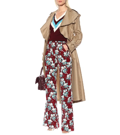 Shop Valentino Floral Silk Crêpe Mid-rise Pants In Red