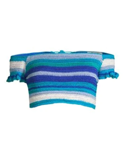 Shop All Things Mochi Jamie Crochet Stripe Off-the-shoulder Bikini Top In Blue